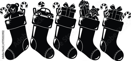 Joyful Christmas stockings overflowing with festive treats and toys ready for holiday gifting clean stylish illustration in vector format