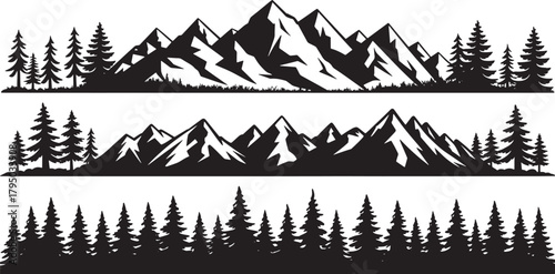 Mountain Silhouette Landscape – Hand-Drawn Alpine Peaks with Pine Tree Vector Set