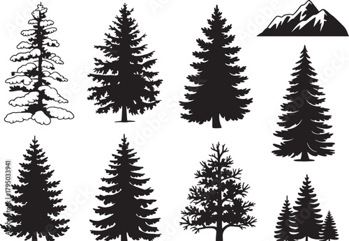 A festive set of winter forest trees, including pine and fir silhouettes, for your Christmas and holiday nature illustrations	