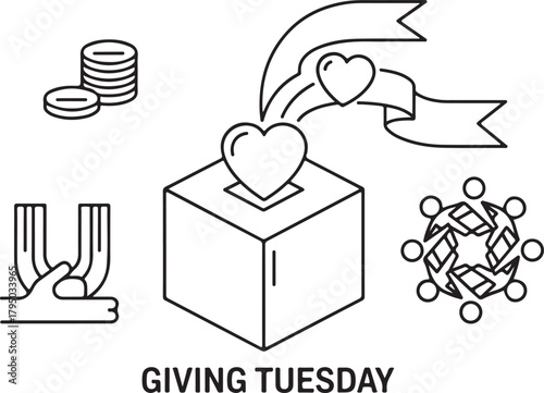 Giving Tuesday concept with donation box hands and community icon charity fundraising