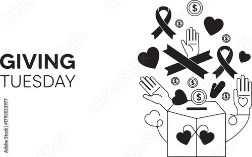 Giving Tuesday concept with donation box hands and hearts charity fundraising