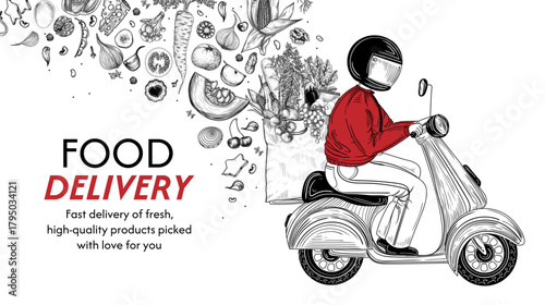 Vector illustration of fast delivery. The delivery person is carrying a package of healthy food products. Banner for stores about food delivery
