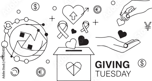 Giving Tuesday concept with donation box hearts and currency symbols charity fundraising