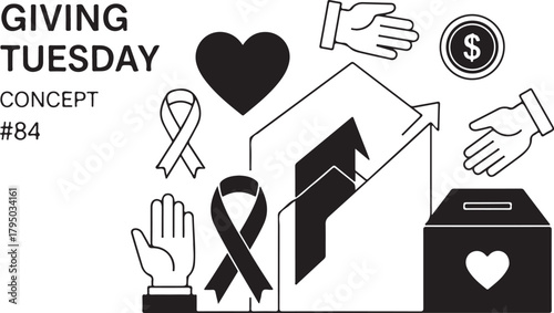 Giving Tuesday concept with donation box ribbon and hands Keywords: giving tuesday, concept