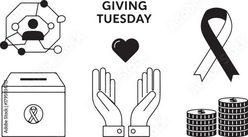 Giving Tuesday donation box hands heart ribbon and money stacks Keywords: giving tuesday