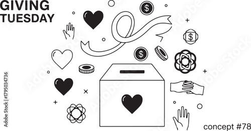 Giving Tuesday Donation Box Hands Heart Ribbon Coins Graphic charity fundraising