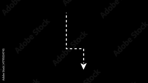 Dotted line arrow animation. Downward Zigzag Arrow Animation. Zigzag arrow pointing down. Black screen, 4k video