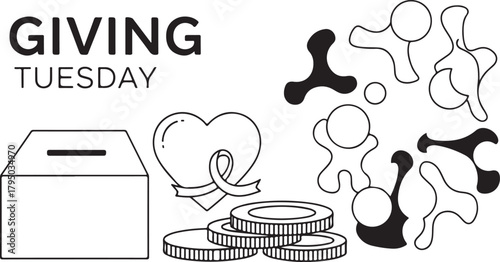 Giving Tuesday donation box heart coins and abstract shapes Keywords: Giving Tuesday, donation