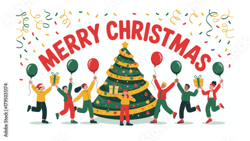 Christmas Festive Gathering: A vibrant festive illustration shows a cheerful group of diverse individuals joyfully celebrating Christmas.