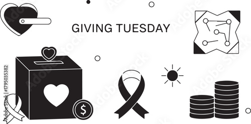 Giving Tuesday Donation Box Heart Ribbon Stacked Coins Map charity fundraising