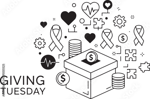Giving Tuesday Donation Box Puzzle Pieces Ribbons and Heart Icons charity fundraising