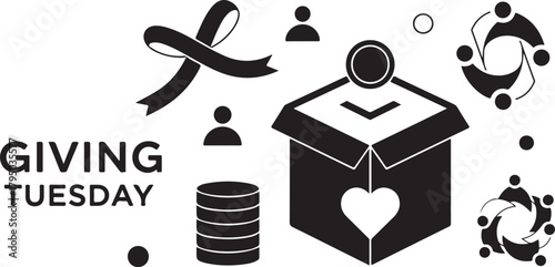 Giving Tuesday donation box ribbon and community icons charity fundraising