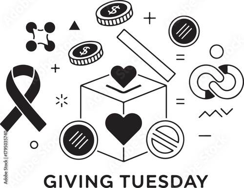 Giving Tuesday Donation Box Ribbon Coins Abstract Elements Black White charity fundraising