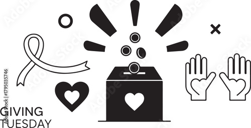 Giving Tuesday Donation Box Ribbon Hands and Coins Line Art charity fundraising