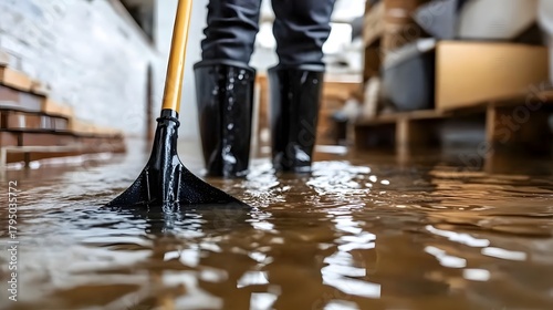 Person cleaning up floodwater with rubber boots.