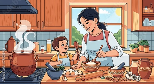 Mother and Son Sharing a Joyful Cooking Moment in the Kitchen.