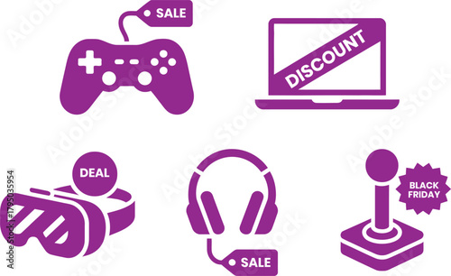 Gaming Sale Icons Set – Controller, Laptop Discount, VR Deal, Headphones Offer, and Joystick Black Friday Symbol