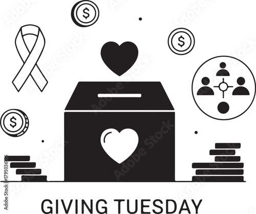 Giving Tuesday donation box with coins and awareness ribbon Keywords: Giving Tuesday, donation