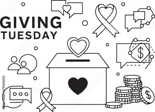 Giving Tuesday donation box with coins and hearts line art charity fundraising