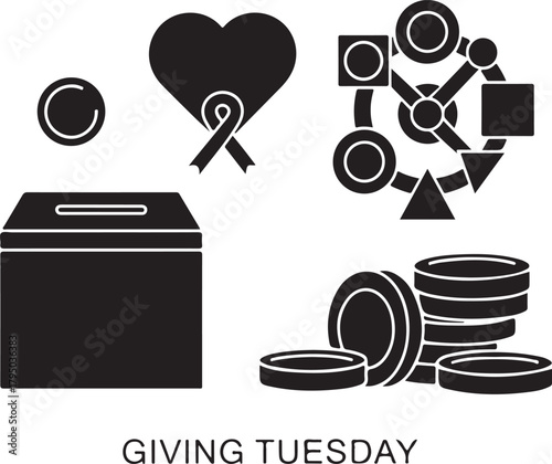 Giving Tuesday donation box with coins heart and network graphic Keywords: giving tuesday