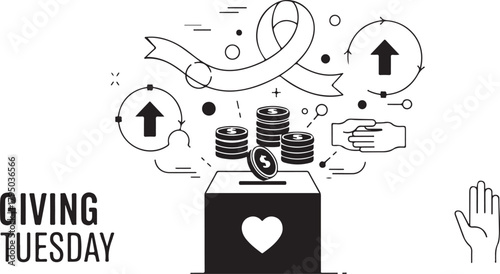 Giving Tuesday donation box with coins ribbon hands and arrows charity fundraising