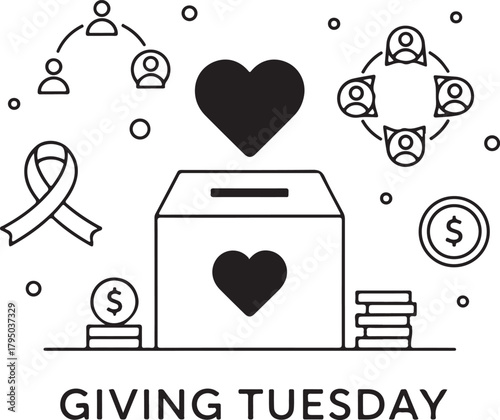 Giving Tuesday donation box with hearts and coins icon set Keywords giving Tuesday, donation