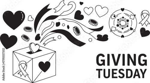 Giving Tuesday Donation Box with Hearts and Ribbons Exploding Out charity fundraising