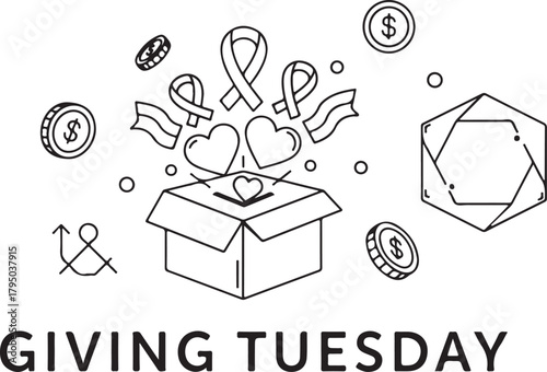 Giving Tuesday donation box with hearts, ribbons, and coins charity fundraising