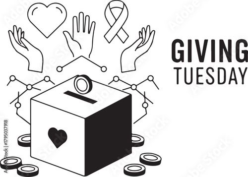 Giving Tuesday donation box with network, hands, heart, and coins charity fundraising.