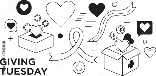 Giving Tuesday donation boxes with hearts, ribbon, and money symbols charity fundraising