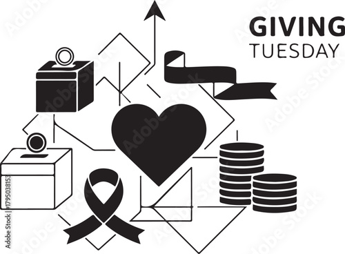 Giving Tuesday Donation Boxes Heart Ribbon and Stacked Coins