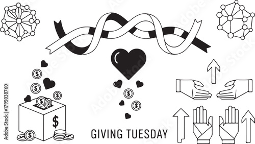 Giving Tuesday donation hands ribbon heart coins and abstract shapes charity fundraising.
