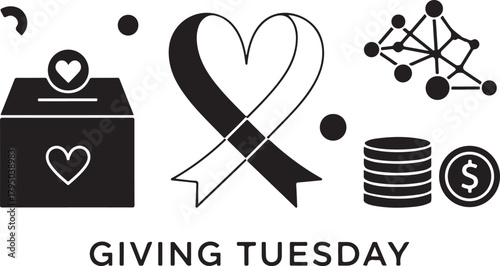 Giving Tuesday donation icons with heart ribbon and coins charity fundraising.