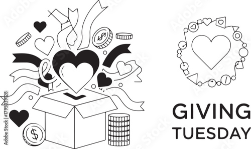 Giving Tuesday donation icons with hearts coins and ribbons charity fundraising