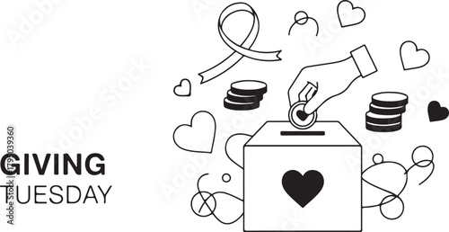 Giving Tuesday hand donating coin to box with hearts Keywords: giving tuesday, donation, charity