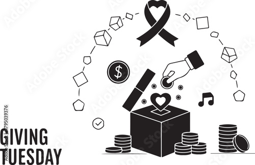 Giving Tuesday hand donating coin into box with music and money icons donation charity.