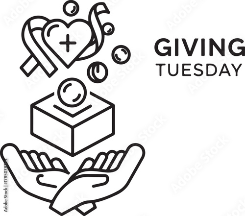 Giving Tuesday hands holding donation box with heart ribbon and coins charity generosity
