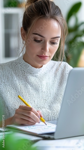 Focused woman diligently writing notes on a notepad with a pencil and laptop nearby