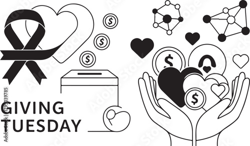 Giving Tuesday hands holding hearts and donation box icons charity fundraising