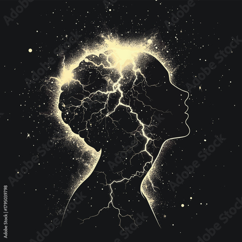 A silhouette of a human head surrounded by lightning, symbolizing thought and energy.   , vector style simple color