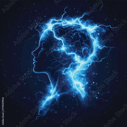 A silhouette of a human head surrounded by lightning, symbolizing thought and energy.   , vector style simple color