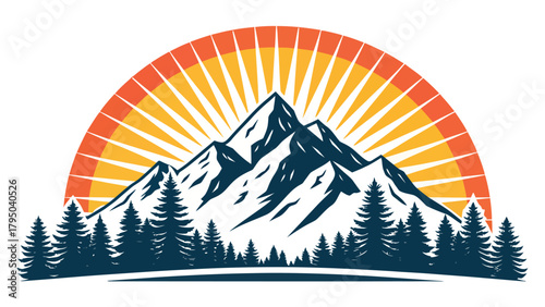 Flat logo of Mountain Silhouette with Dual Color Sunburst Vector Landscape