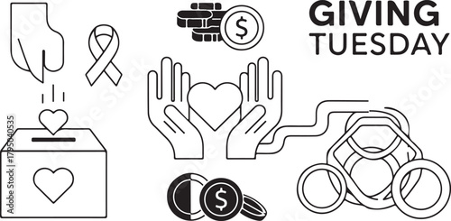 Giving Tuesday icons showing donation hand and heart support charity fundraising