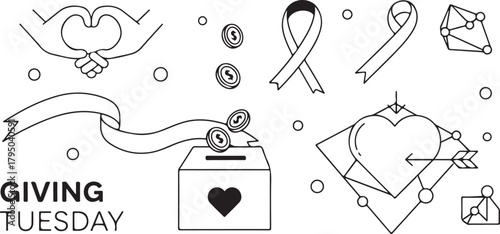 Giving Tuesday icons with donation box hands and heart Keywords: giving tuesday, concept