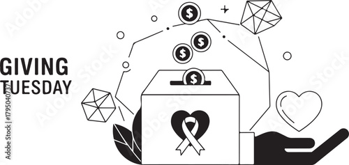 Giving Tuesday Line Art with Donation Box and Abstract Elements charity help