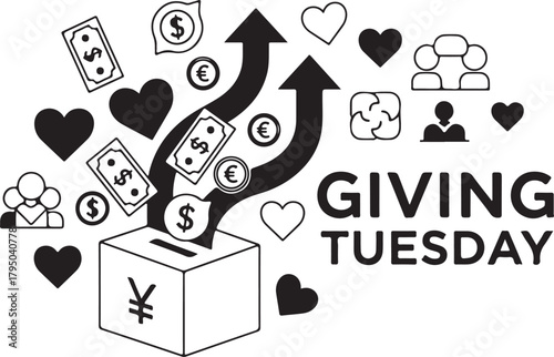 Giving Tuesday money flow into donation box with hearts and people icons charity