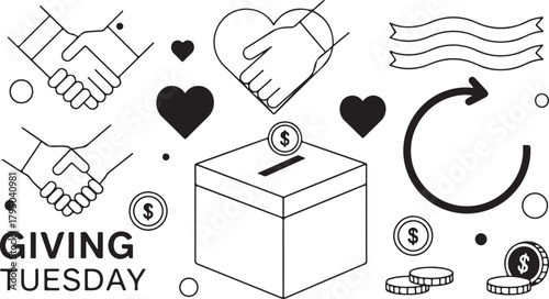 Giving Tuesday with handshake icons donation box and coins charity fundraising