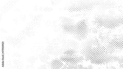 Abstract grey halftone dots pattern on white background with scattered small dots and clusters texture