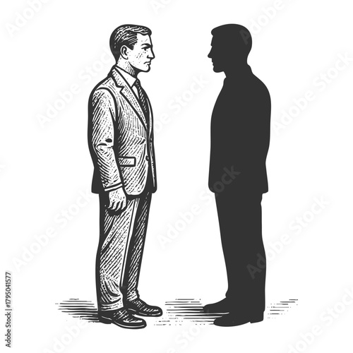 man in a suit standing face-to-face with his dark silhouette, symbolizing introspection and identity sketch engraving generative ai vector illustration. Scratch board. Black and white image.