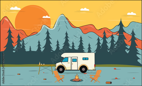 Camper Van in a Forest Setting with Campfire and Sunset vector image 